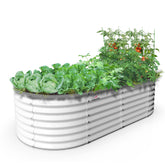 A ANLEOLIFE galvanized raised garden bed in outdoor oval shape, antique white, ready for planting