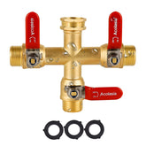 Acolasia 3-way brass hose splitter with rugged body for outdoor use.