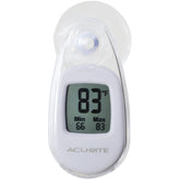 AcuRite suction cup thermometer white front view showing indoor and outdoor temperature readout