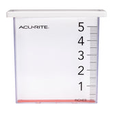AcuRite Waterfall Rain Gauge mounted on a deck with a clear readout for easy backyard rainfall tracking.