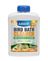 ADIOS! bird bath cleaner bottle label showing the bird-safe formula.