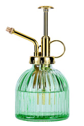Aebor glass plant mister with green bottle and gold top, easy to mist indoor plants.