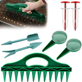 Aeloer seed spreader set in packaging showing precision sowing for neat rows