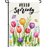 Agroon Hello Spring tulips flag viewed from both sides with vibrant outdoor color