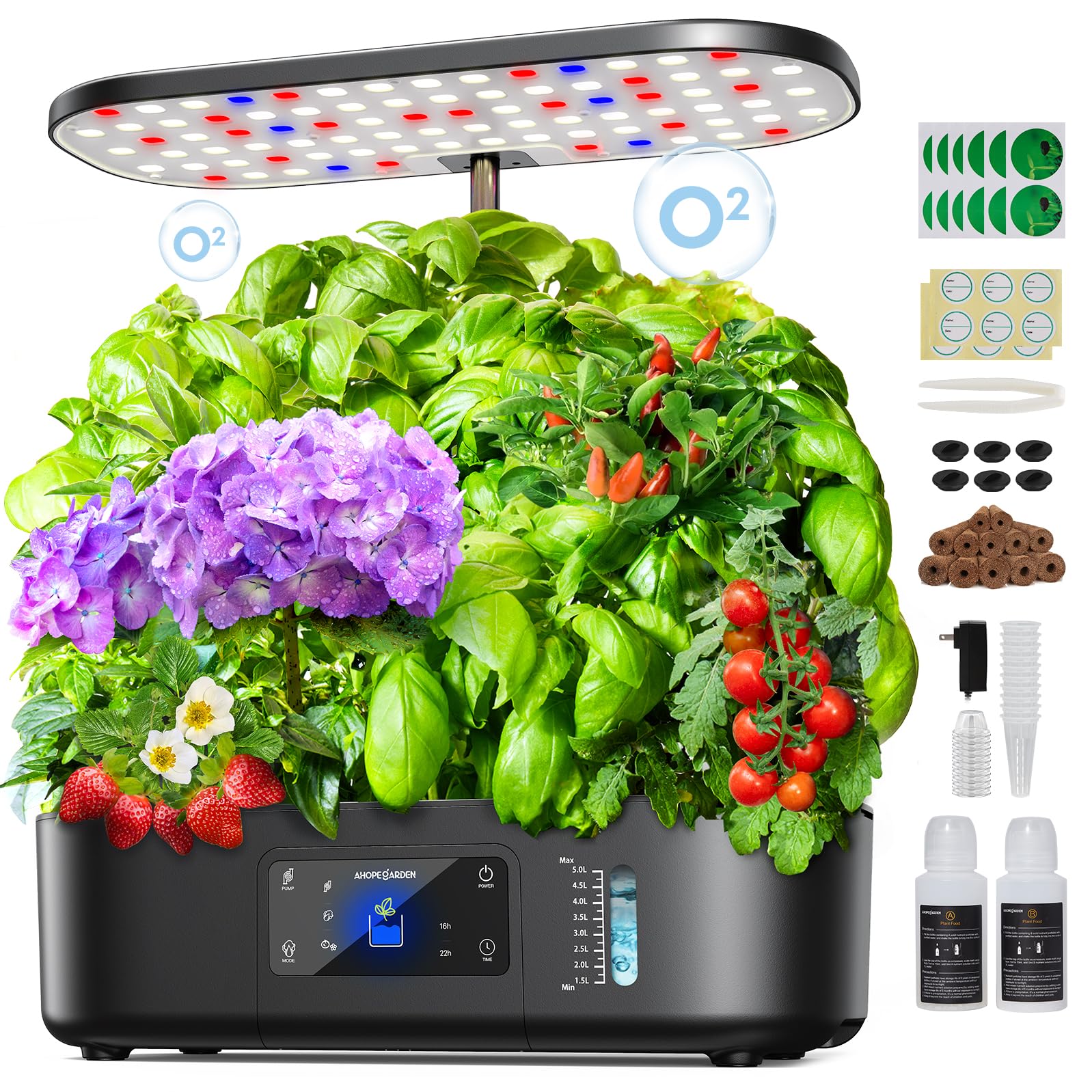 Ahopegarden hydroponics system front view with grow light, ideal for compact indoor herbs.