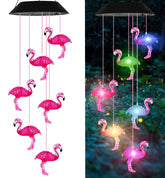 AIONASA Flamingo wind chimes with color-changing LEDs for magical outdoor evenings.