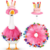 Aliceset pink birthday-hat on a lawn goose boosts outdoor celebration appeal.