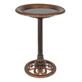 Alpine Corporation 28-inch bronze pedestal birdbath with scrollwork base inviting songbirds to your garden.