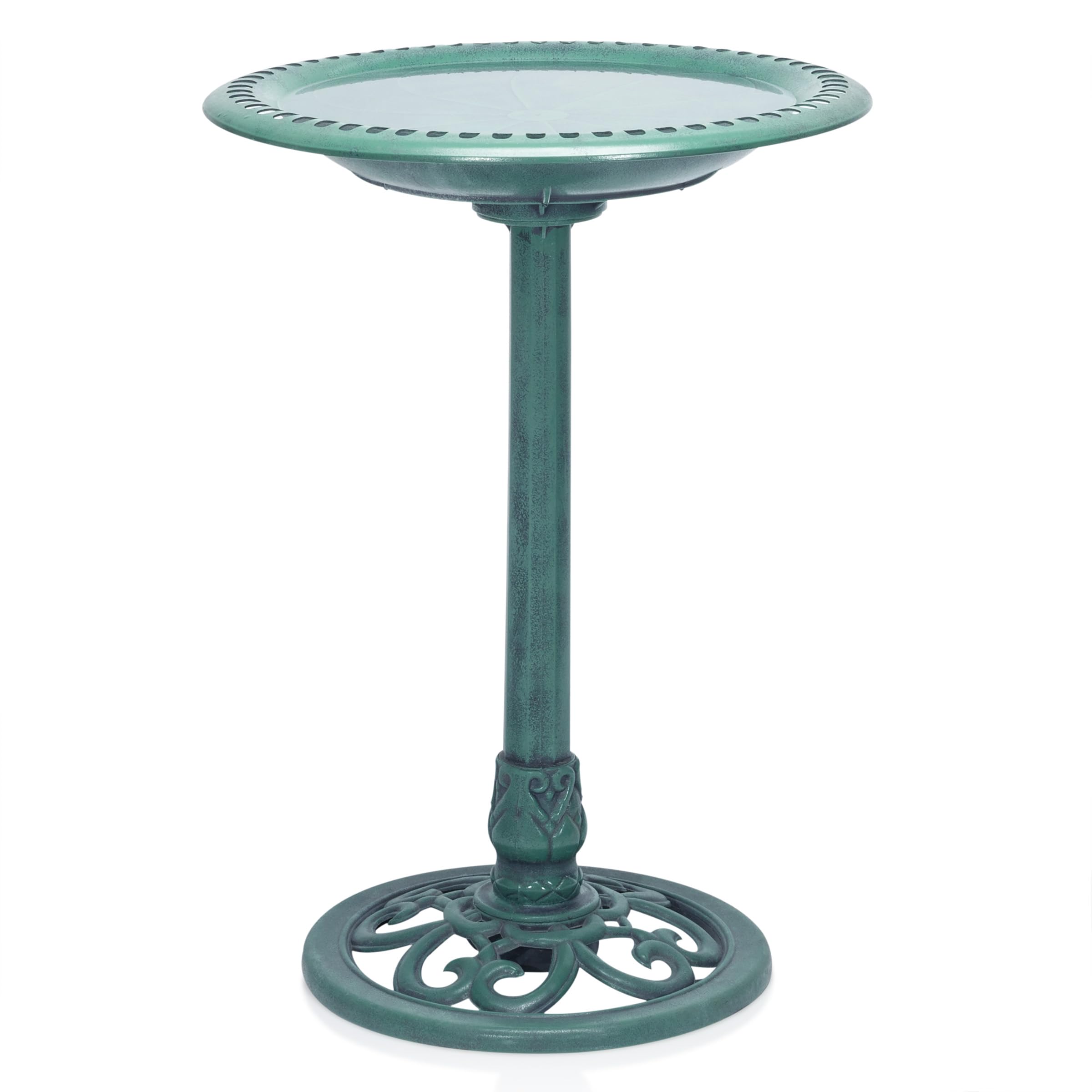 Alpine birdbath with scrollwork adds garden charm and attracts small birds.
