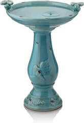 Alpine Corporation turquoise birdbath with two figurines invites birds to gather