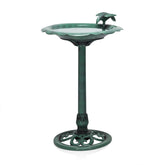 Alpine Corporation 31-inch birdbath with antique flower design attracts birds in gardens.