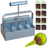 ALXMYAO handheld soil blocker 8-cell in action for transplant-ready blocks.