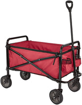 Amazon Basics collapsible wagon with extended handle for easy outdoor transport.
