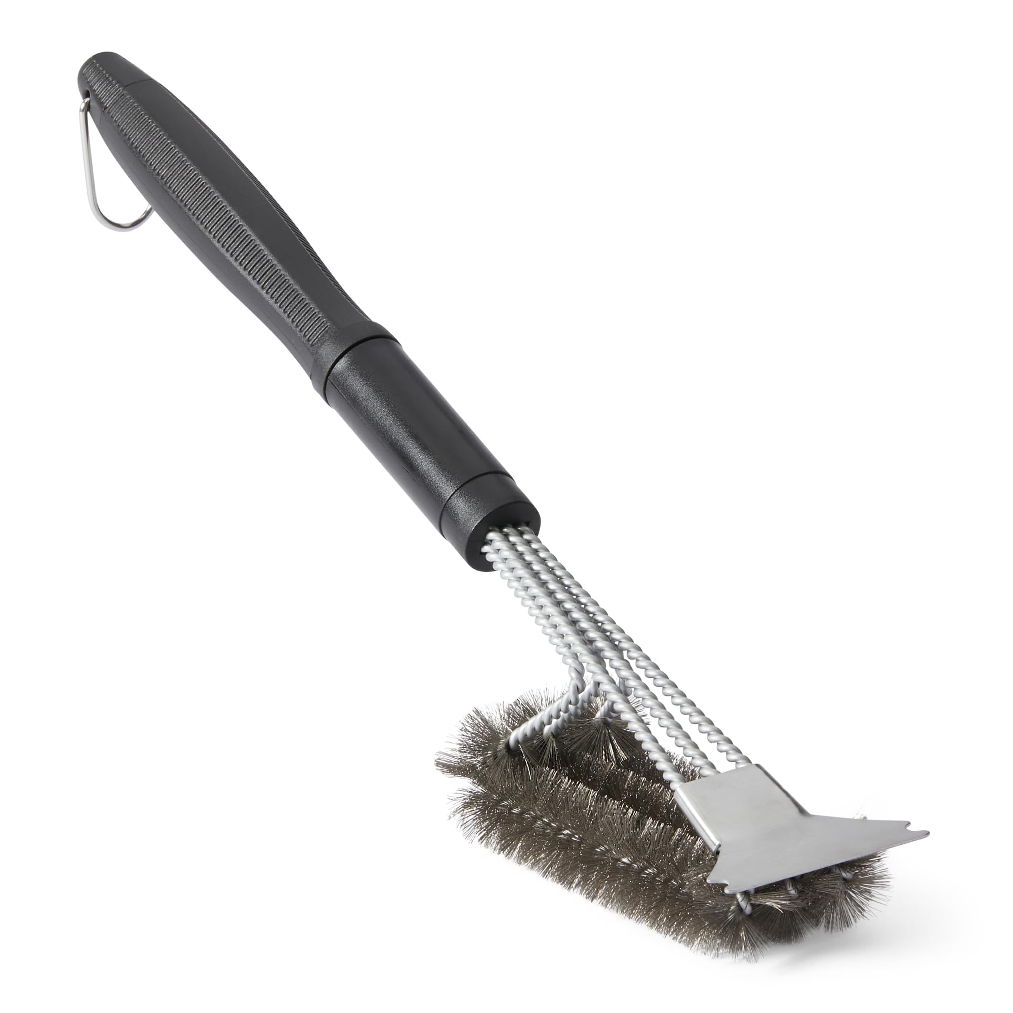 Amazon Basics grill brush with deluxe handle shows triple-helix bristles for tough, residue-free cleaning.