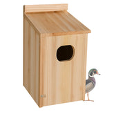 Amcortn Duck House exterior shows durable wood for outdoor resilience.