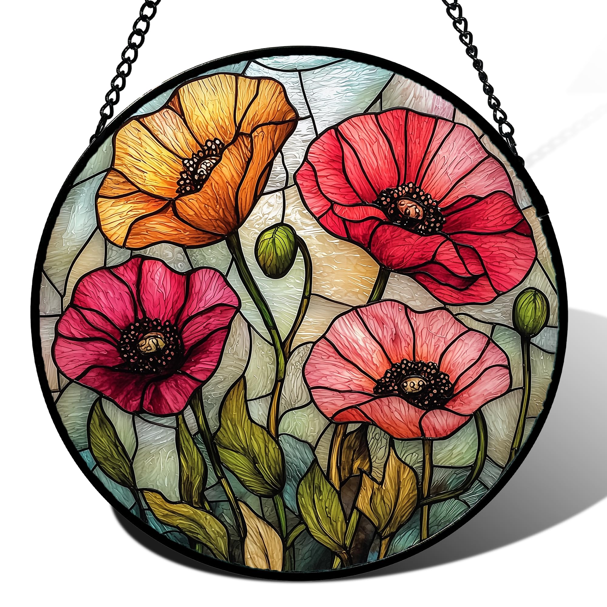 AMDERVEN stained glass suncatcher with red orange poppies brightens windows with warm colors.
