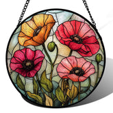 AMDERVEN stained glass suncatcher with red orange poppies brightens windows with warm colors.