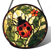 AMDERVEN red ladybug stained glass window hanging brightens sunlight with vivid, cheerful color.