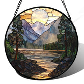 AMDERVEN stained glass sun catcher showing sunset mountains for vibrant window decor.