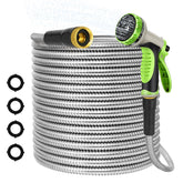 AMOOX 50ft water hose steel coil highlights durable stainless steel construction and easy storage.