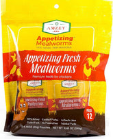 Amzey Fresh Mealworms in a 12-pouch bag ready for feeding.