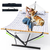 ANAGOO double hammock with stand set up on outdoor patio for two-person lounging