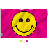 Anley Fly Breeze pink happy face flag 3x5 displayed outdoors with fade-proof color