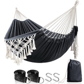 Anyoo cotton hammock bed measures 7ft by 5ft for outdoor lounging.