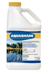APPLIED BIOCHEMISTS Aquashade blue pond dye bottle demonstrates weed suppression and algae control