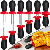 AQRINGO corn cob holders set in red and black with six pairs for easy, safe corn eating.