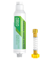AQUACREST garden hose filter assembly showing easy setup for cleaner irrigation