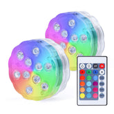 Aquamiracle submersible LED light with remote illuminates pools and hot tubs.