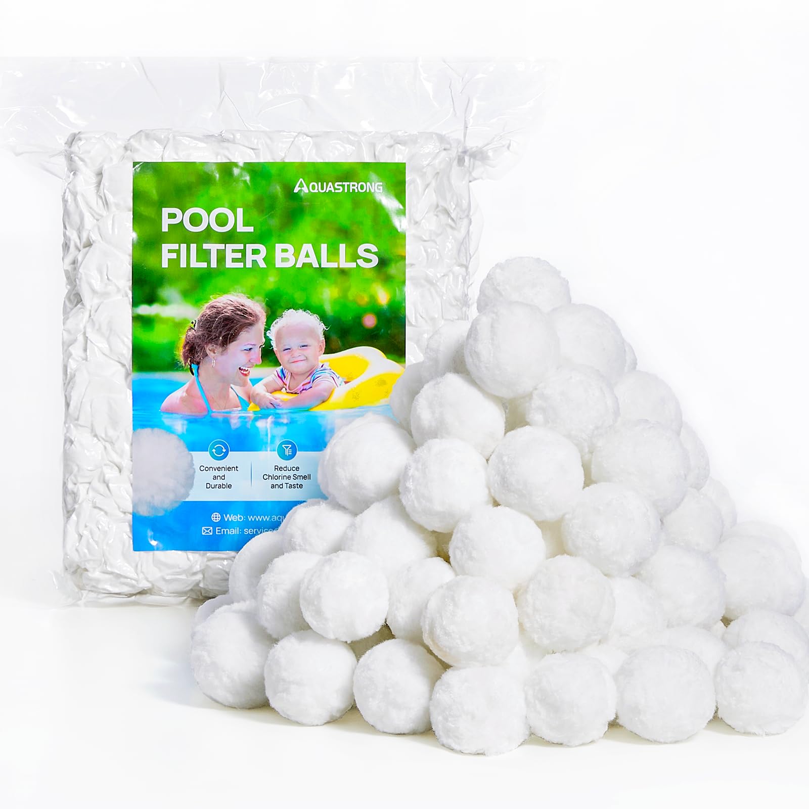 AQUASTRONG pool filter balls side view showing lightweight filtration efficiency.