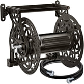 AQUAZILLA wall-mount garden hose reel in dark bronze with 135 ft capacity for large yards.