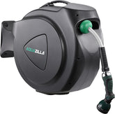 AQUAZILLA retractable hose reel extended to 100ft for easy reach in large gardens.