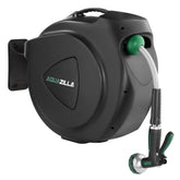 AQUAZILLA retractable hose reel 120 ft with smooth rewinding in a bright garden.
