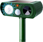 Ariie animal repellent solar ultrasonic device deters pests with motion-activated sound.
