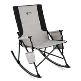 ARROWHEAD OUTDOOR foldable rocking camp chair with cup holder for easy beverages.
