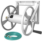 Artigarden triangle wall-mounted hose reel keeps garden hoses neatly organized for quick access.