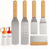 Artisan Fire 7-piece spatula set on the grill with burgers for versatile outdoor cooking