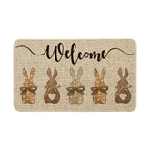 Artoid Mode wood bunny rabbits welcome doormat showcases seasonal charm and durability.
