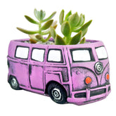 Ascrafter purple bus car planter front view, perfect for cute desk succulents.