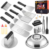 Ashihoti Official 19-piece griddle kit with burger press for even cooking.