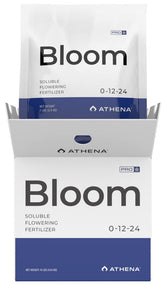 Athena Pro Bloom bottle closeup, premium bloom nutrients for vibrant flowering in hydroponics.