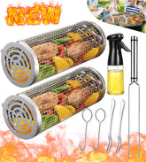 Aucma rolling grilling basket with secure lid closure for spill-free cooking.