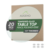Augeno 20-inch round glass top with pencil edge showcases a refined finish on a table surface.