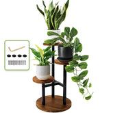 AUGOSTA 3-tier plant stand assembly demonstrates sturdy iron-wood construction for compact spaces.