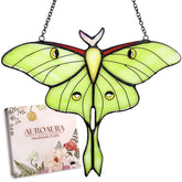 AuroAura Green Luna Moth stained glass window hanging creates rainbow prisms in sunlight.