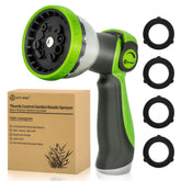 AUTOMAN garden hose nozzle showing ten spray patterns for versatile watering and cleaning tasks.