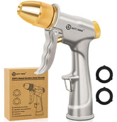 AUTOMAN garden hose nozzle demonstrates durable metal construction for outdoor use.